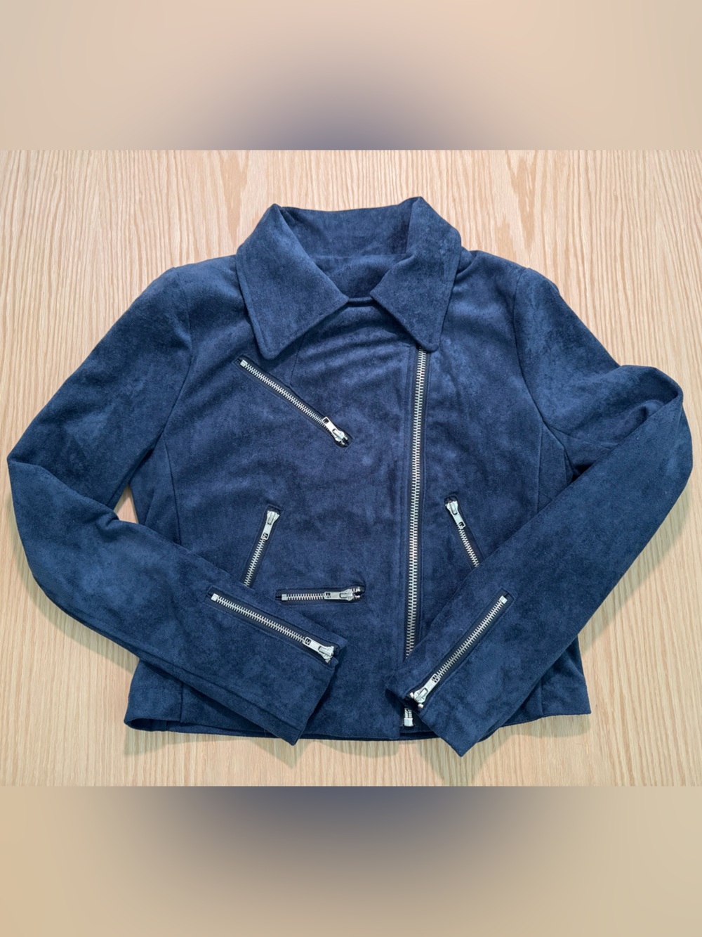 Vici Navy Suede-Look Moto Jacket with Silver Zippers